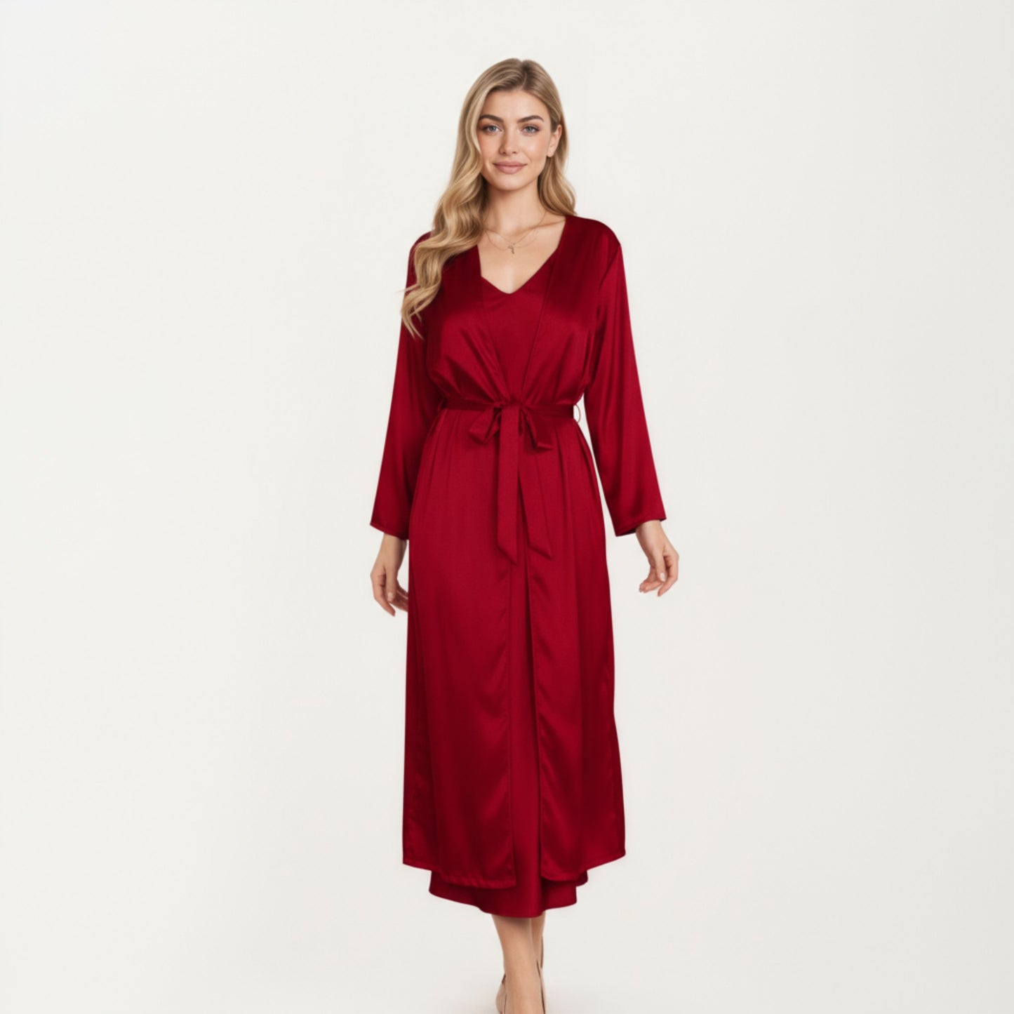 Long Satin Wrap Robe with Tie Waist and Relaxed Draped Sleeves