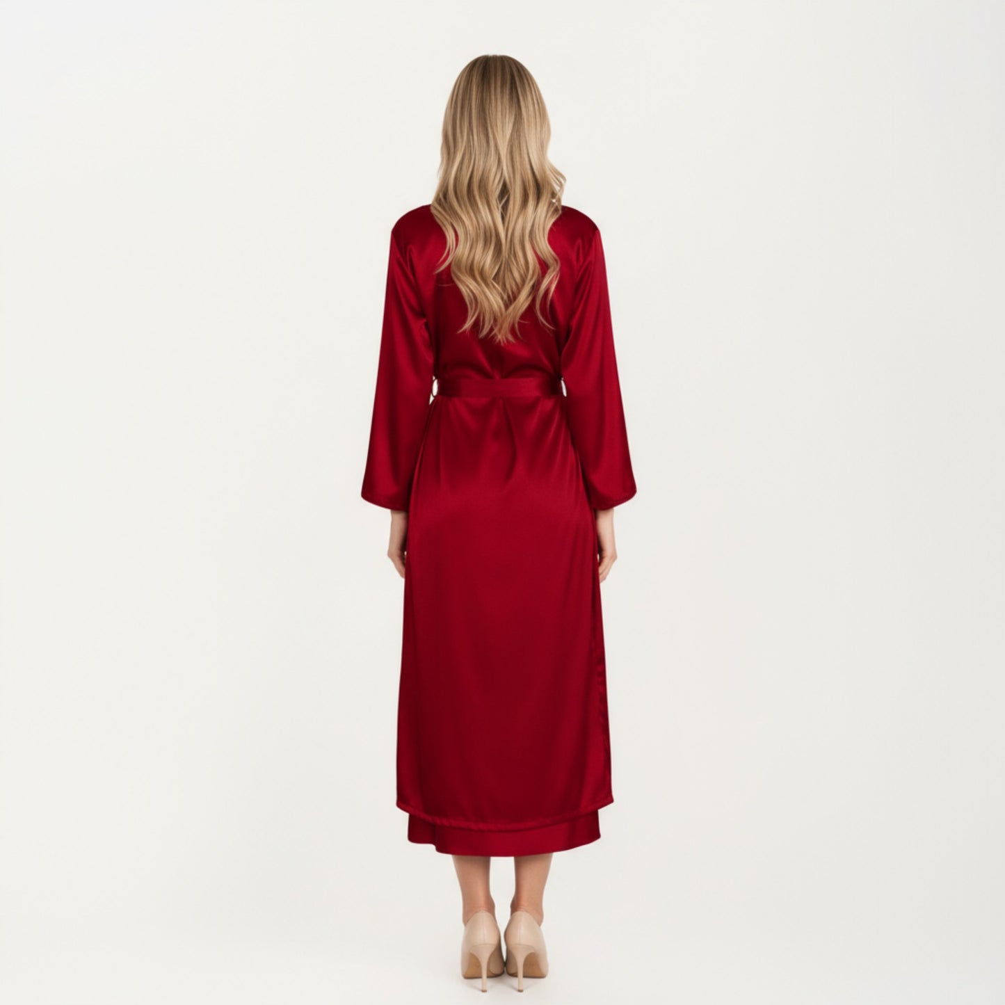 Long Satin Wrap Robe with Tie Waist and Relaxed Draped Sleeves