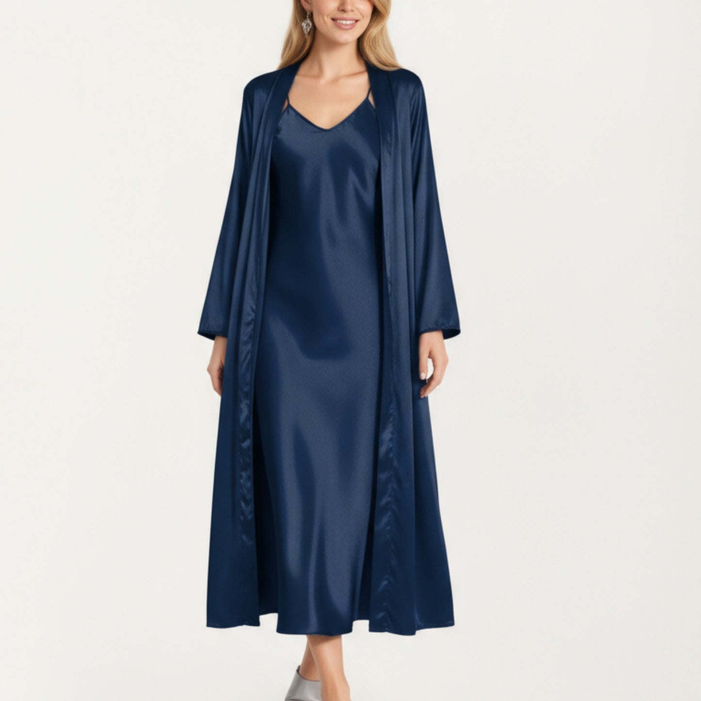 Long Satin Wrap Robe with Tie Waist and Relaxed Draped Sleeves