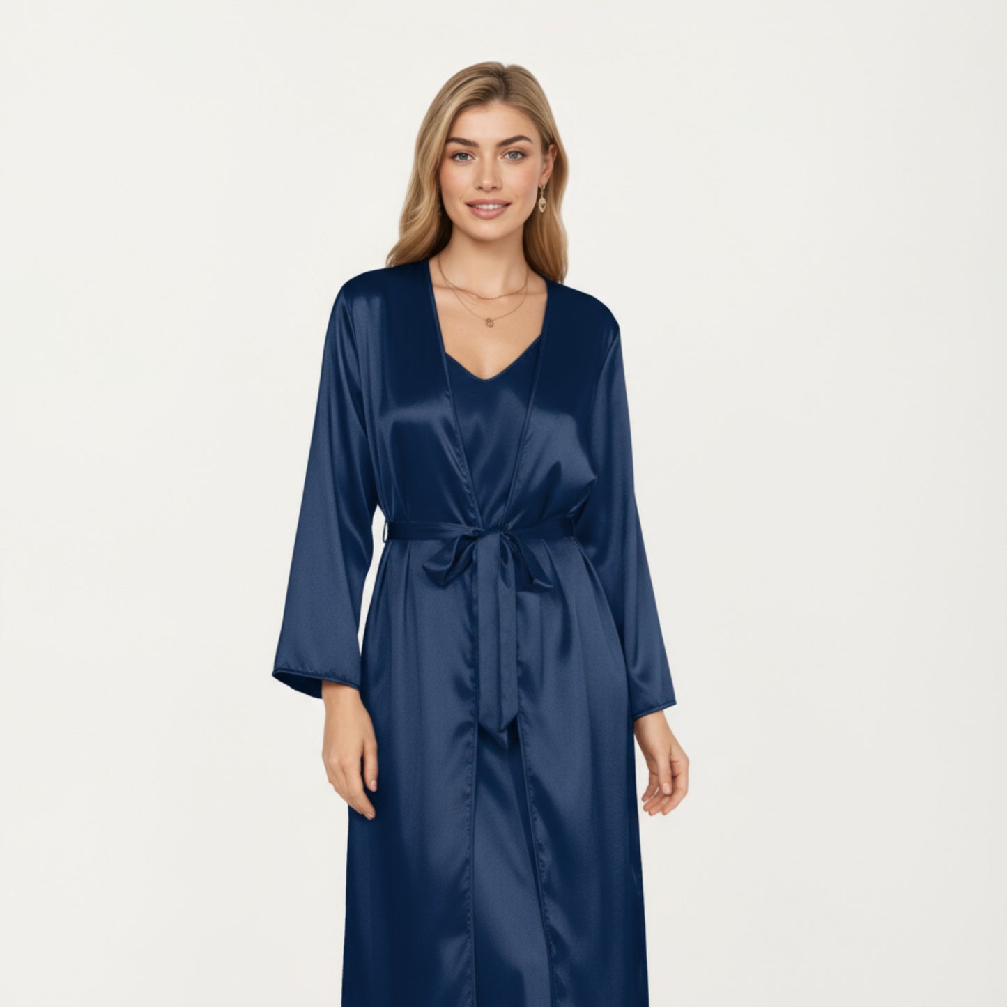 Long Satin Wrap Robe with Tie Waist and Relaxed Draped Sleeves