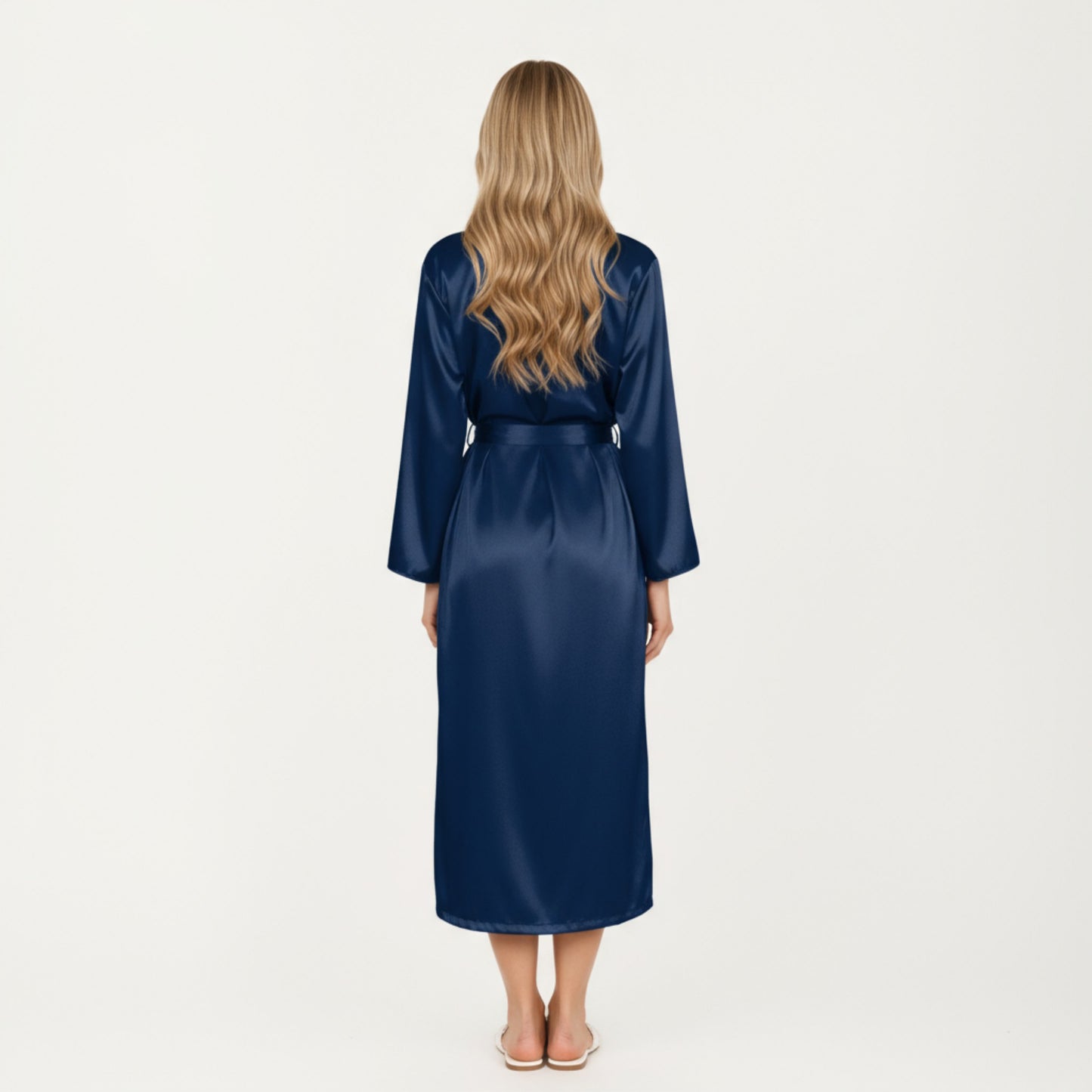 Long Satin Wrap Robe with Tie Waist and Relaxed Draped Sleeves
