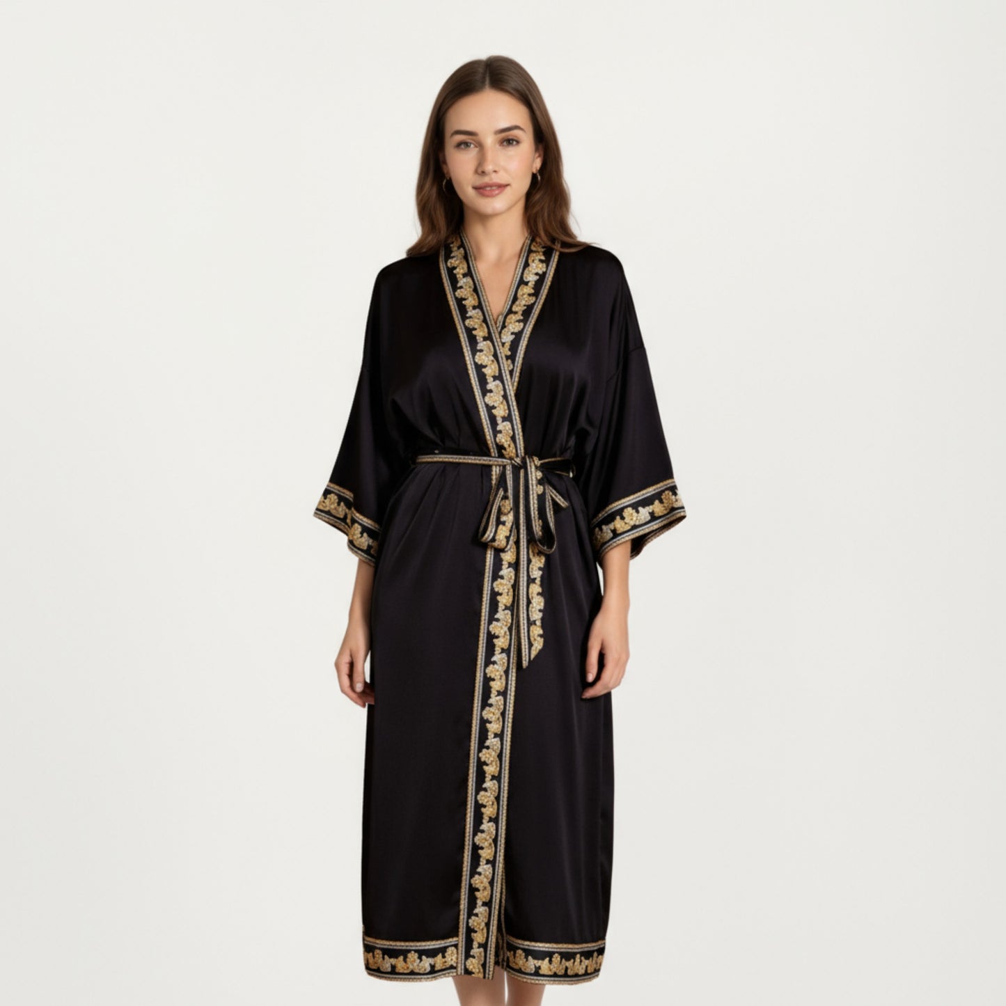 Long Satin Kimono Robe with Embroidered Trim and Wide Sleeves