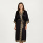 Long Satin Kimono Robe with Embroidered Trim and Wide Sleeves