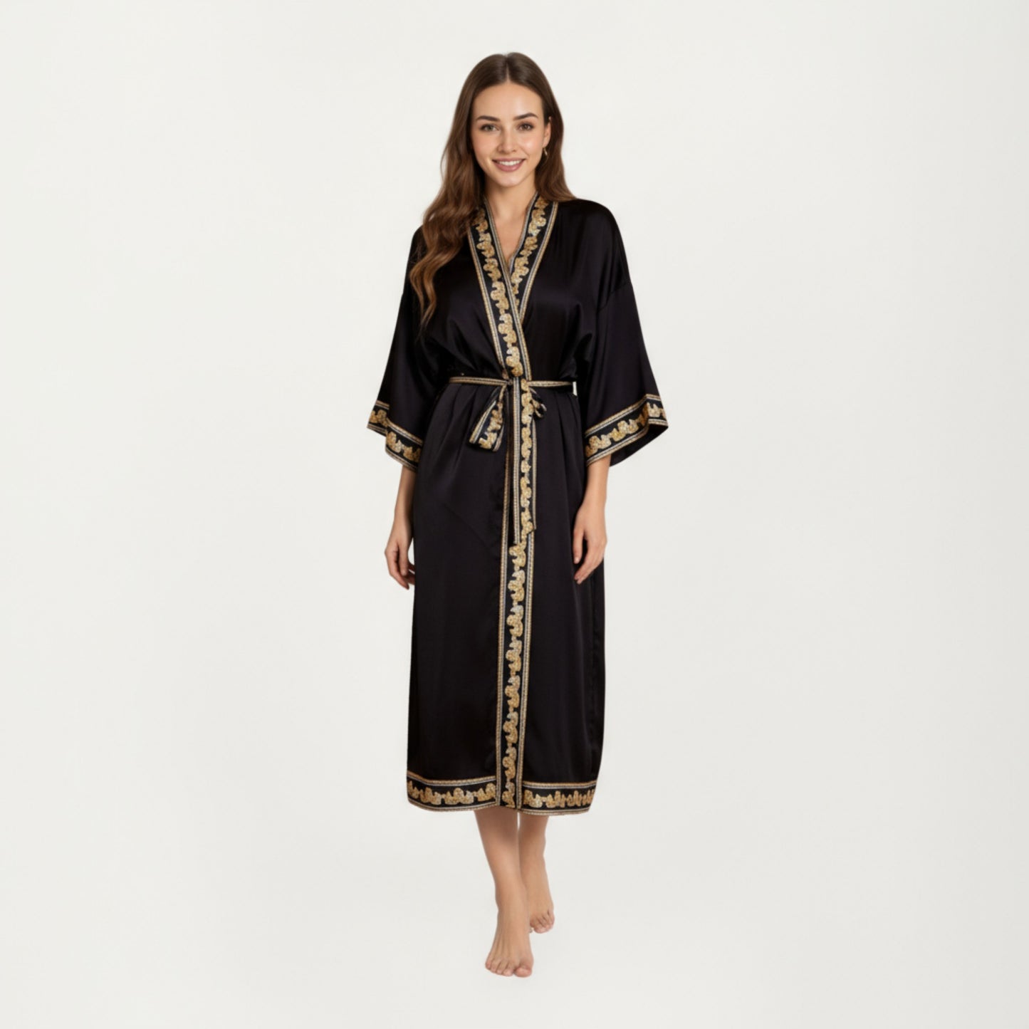Long Satin Kimono Robe with Embroidered Trim and Wide Sleeves