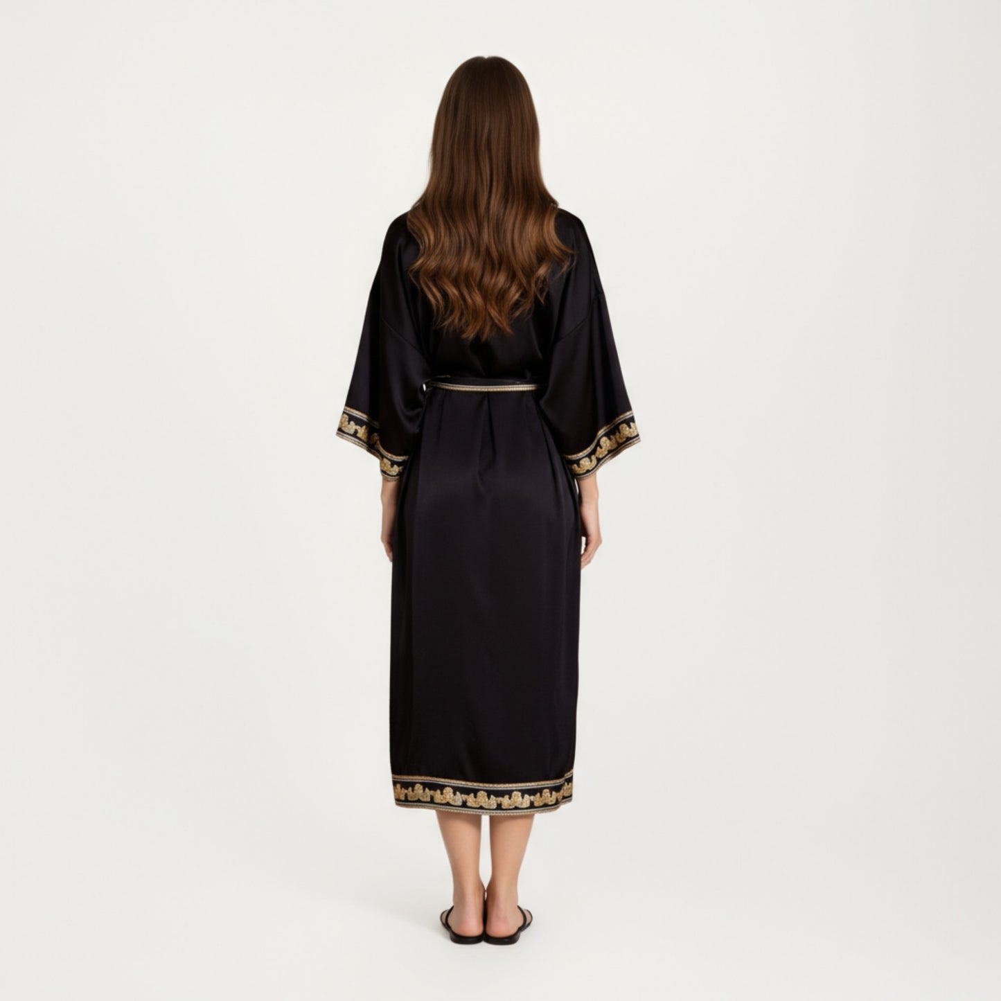 Long Satin Kimono Robe with Embroidered Trim and Wide Sleeves