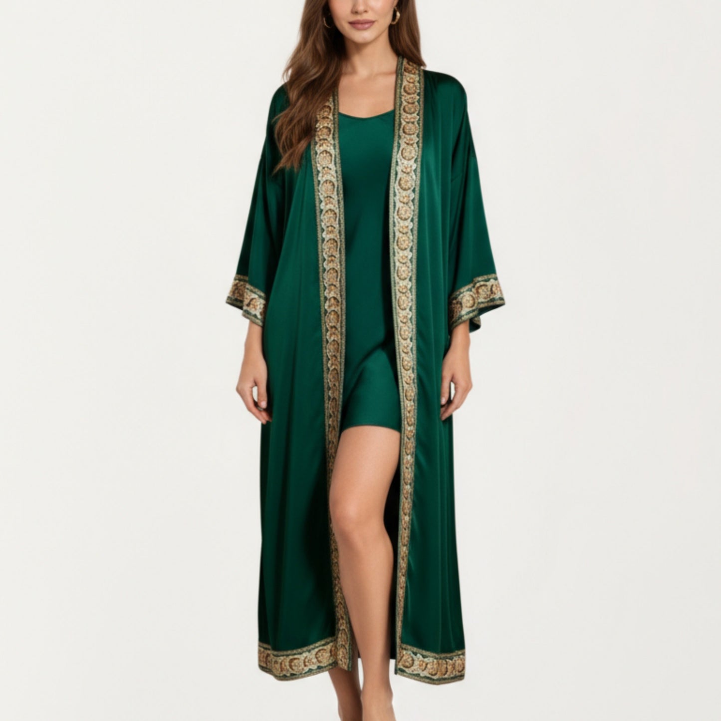 Long Satin Kimono Robe with Embroidered Trim and Wide Sleeves