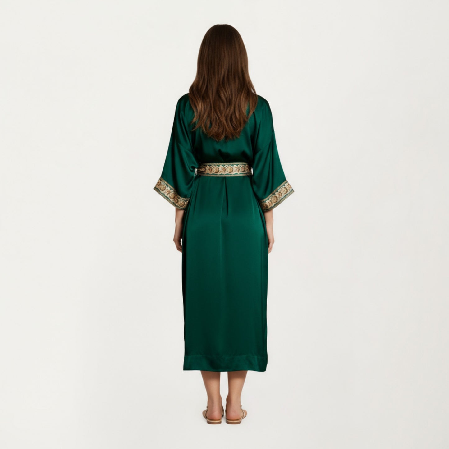 Long Satin Kimono Robe with Embroidered Trim and Wide Sleeves