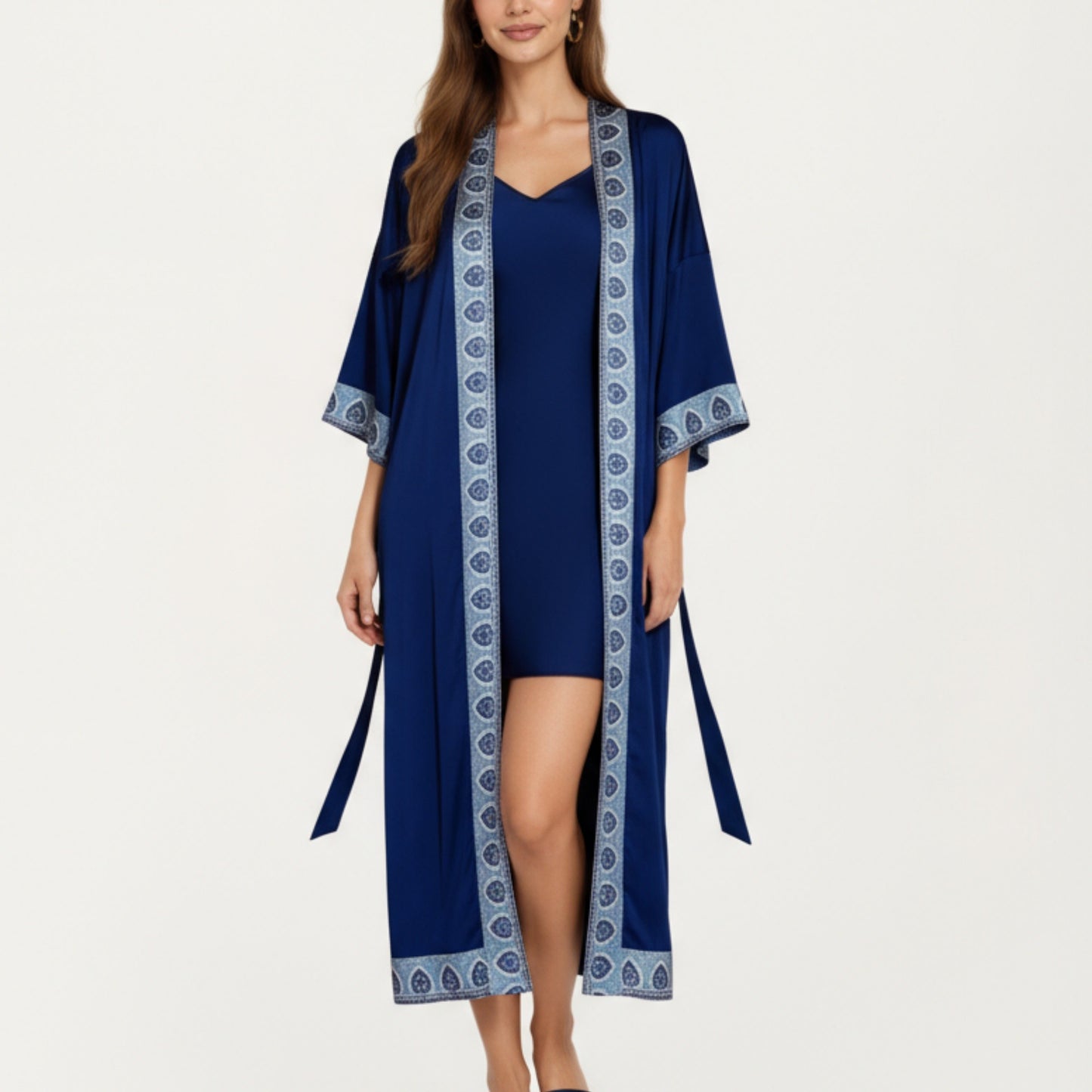 Long Satin Kimono Robe with Embroidered Trim and Wide Sleeves