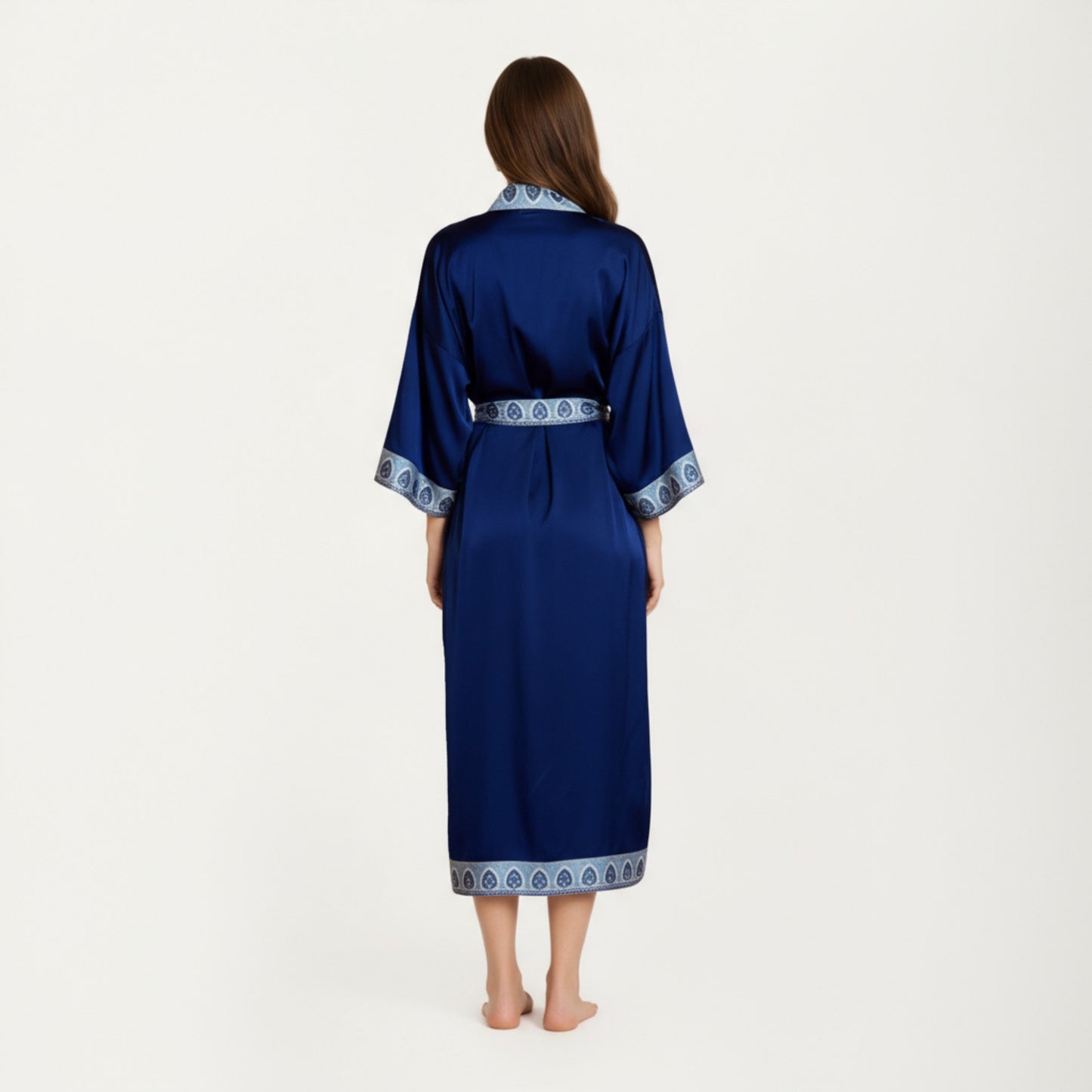 Long Satin Kimono Robe with Embroidered Trim and Wide Sleeves