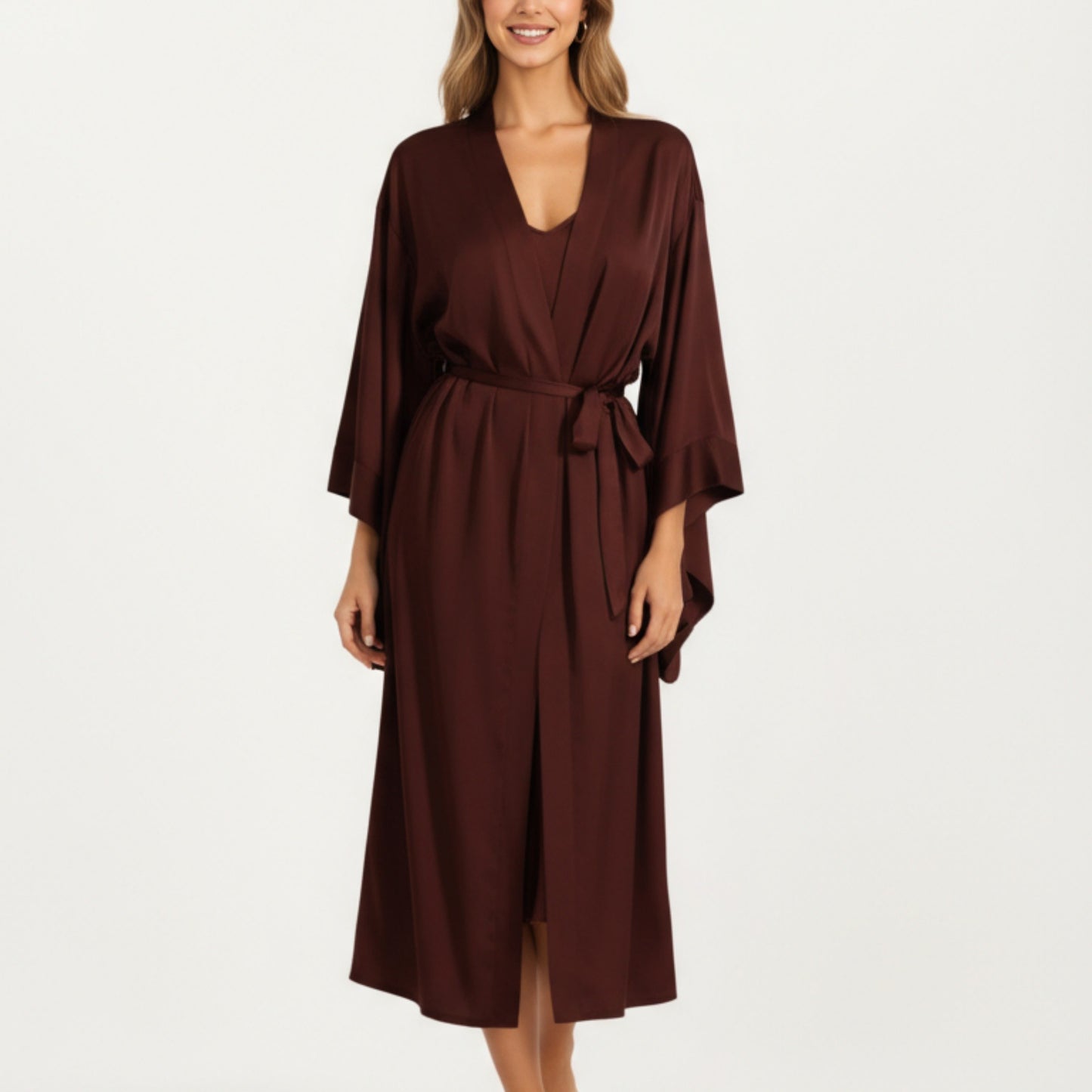 Long Satin Kimono Robe with Tie Waist Belt and Wide Sleeves