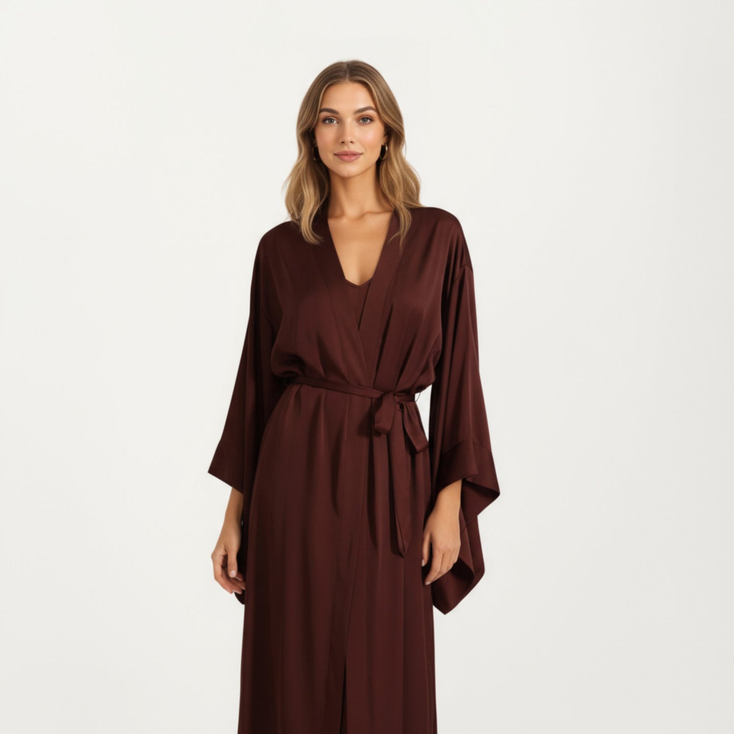 Long Satin Kimono Robe with Tie Waist Belt and Wide Sleeves