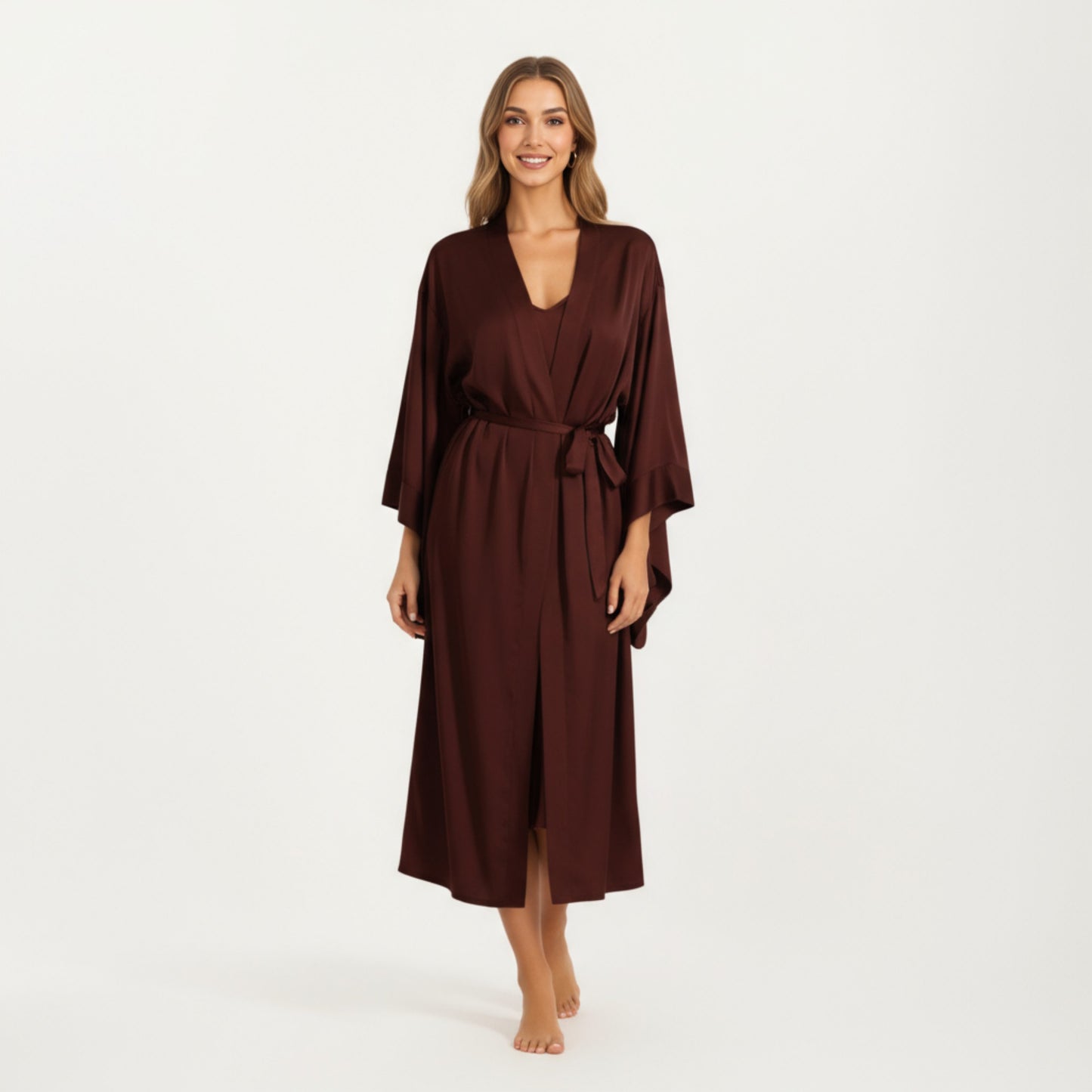 Long Satin Kimono Robe with Tie Waist Belt and Wide Sleeves