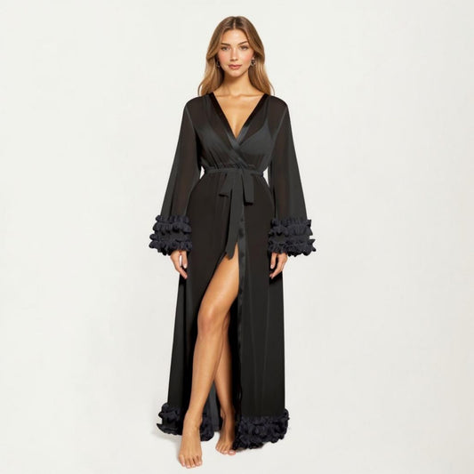 Long Satin Robe with Ruffled Cuffs Hem and Tie Waist Belt