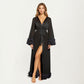 Long Satin Robe with Ruffled Cuffs Hem and Tie Waist Belt