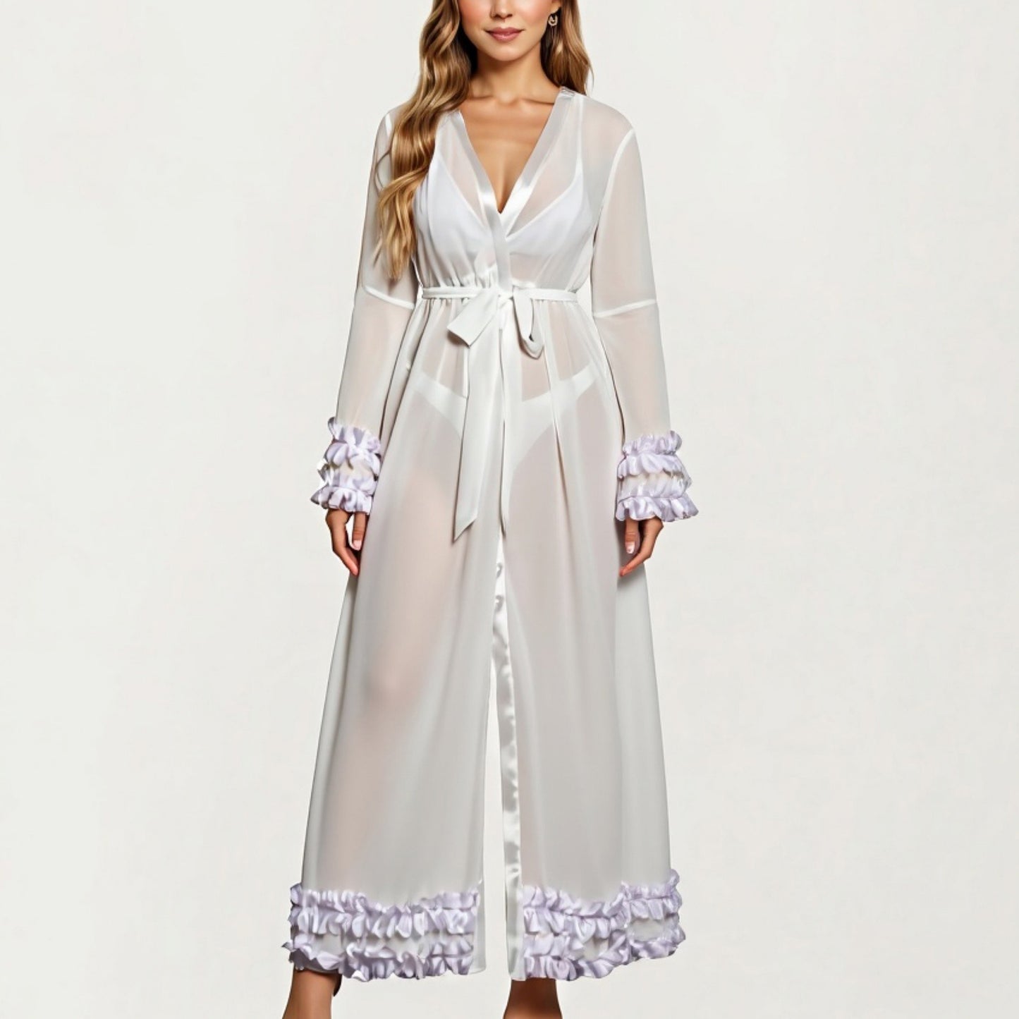 Long Satin Robe with Ruffled Cuffs Hem and Tie Waist Belt