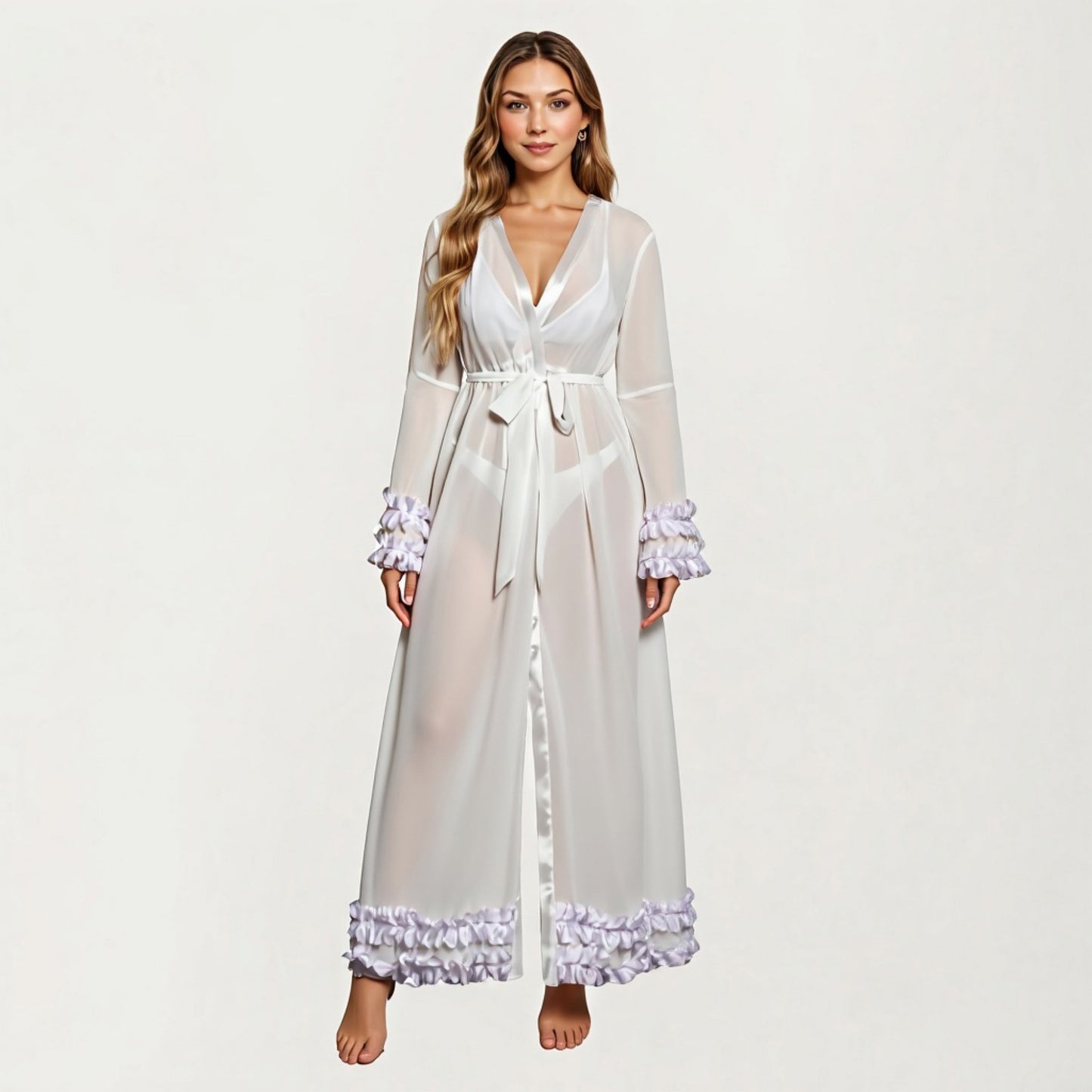 Long Satin Robe with Ruffled Cuffs Hem and Tie Waist Belt