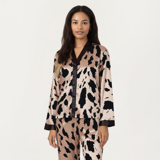 2-Piece Satin Pajama Set with Animal Print Button-Up Top and Straight-Leg Pants