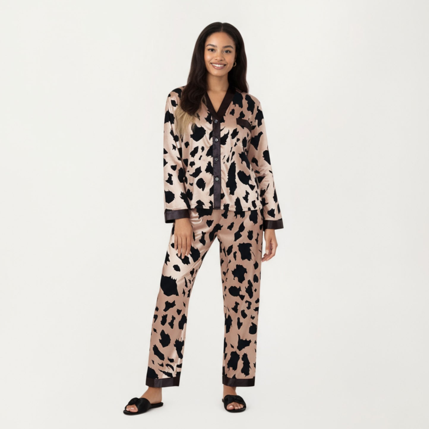 2-Piece Satin Pajama Set with Animal Print Button-Up Top and Straight-Leg Pants