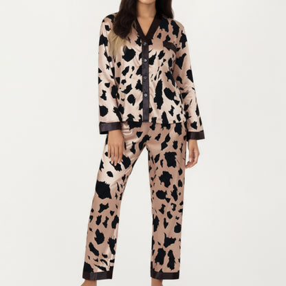 2-Piece Satin Pajama Set with Animal Print Button-Up Top and Straight-Leg Pants