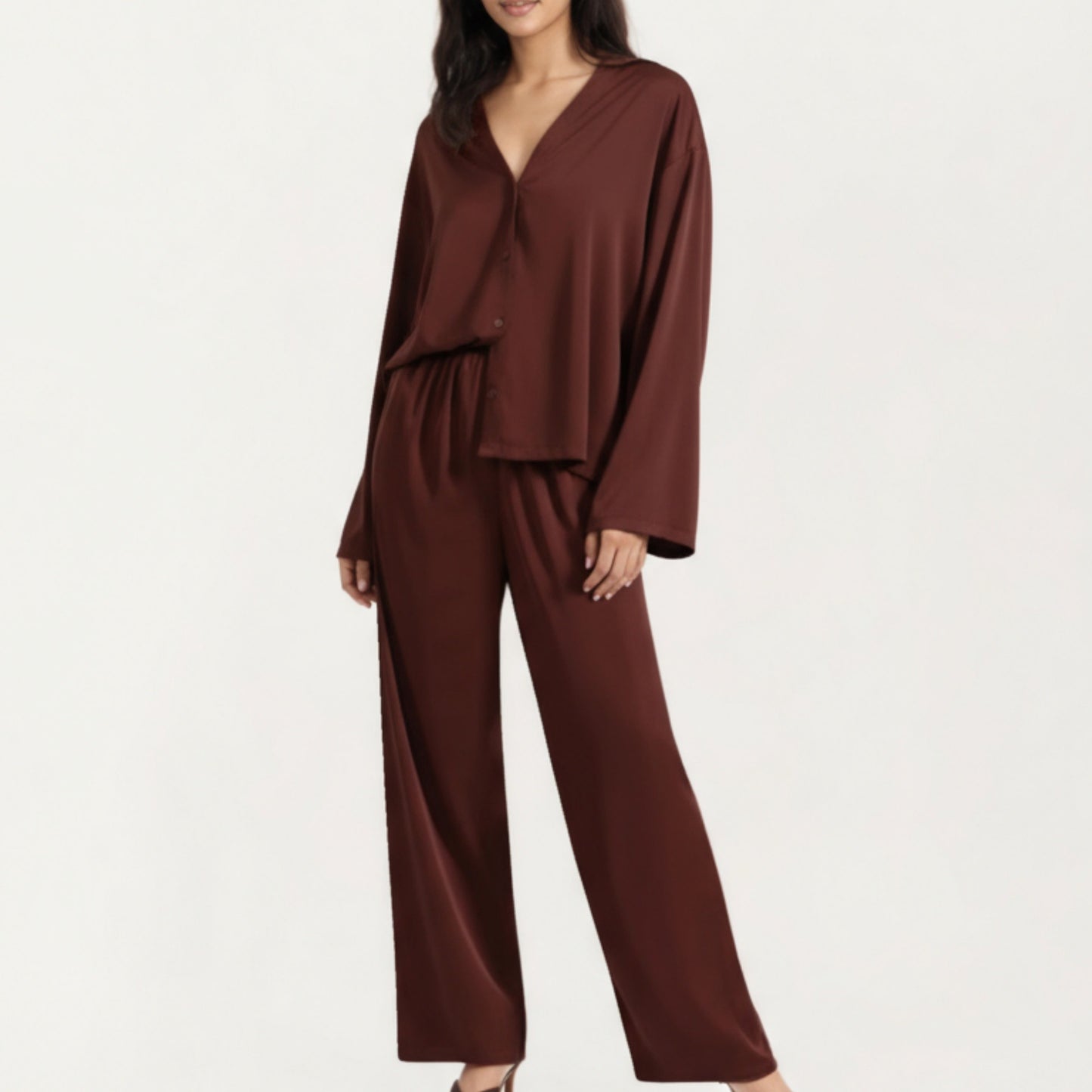 2-Piece Satin Pajama Set with Button-Down Long Sleeve Top and Relaxed Wide-Leg Pants