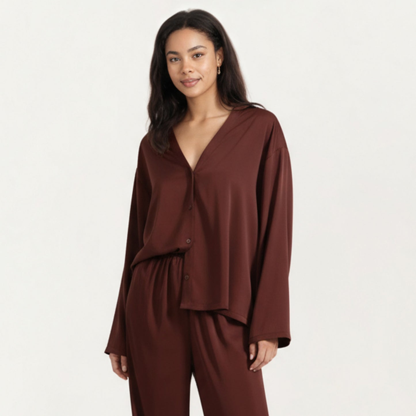 2-Piece Satin Pajama Set with Button-Down Long Sleeve Top and Relaxed Wide-Leg Pants