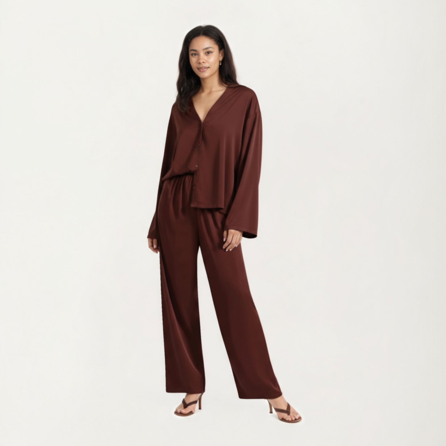 2-Piece Satin Pajama Set with Button-Down Long Sleeve Top and Relaxed Wide-Leg Pants