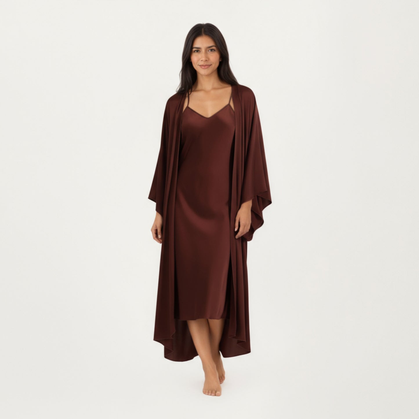 2-Piece Satin Slip Dress and Kimono Robe Set with Flowing Draped Silhouette