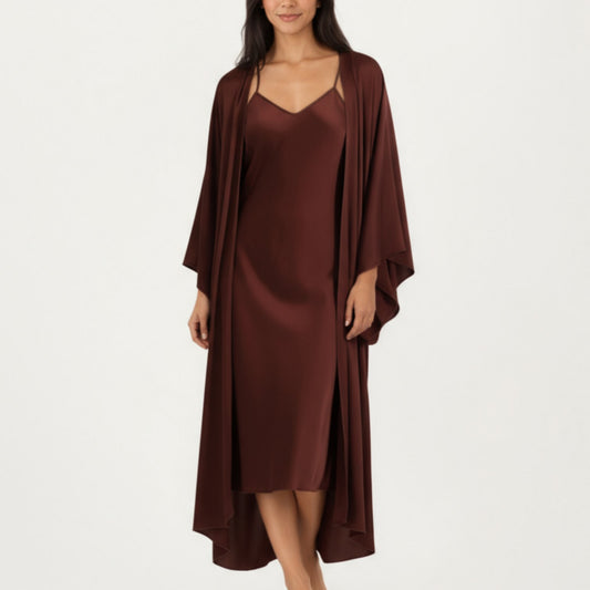 2-Piece Satin Slip Dress and Kimono Robe Set with Flowing Draped Silhouette