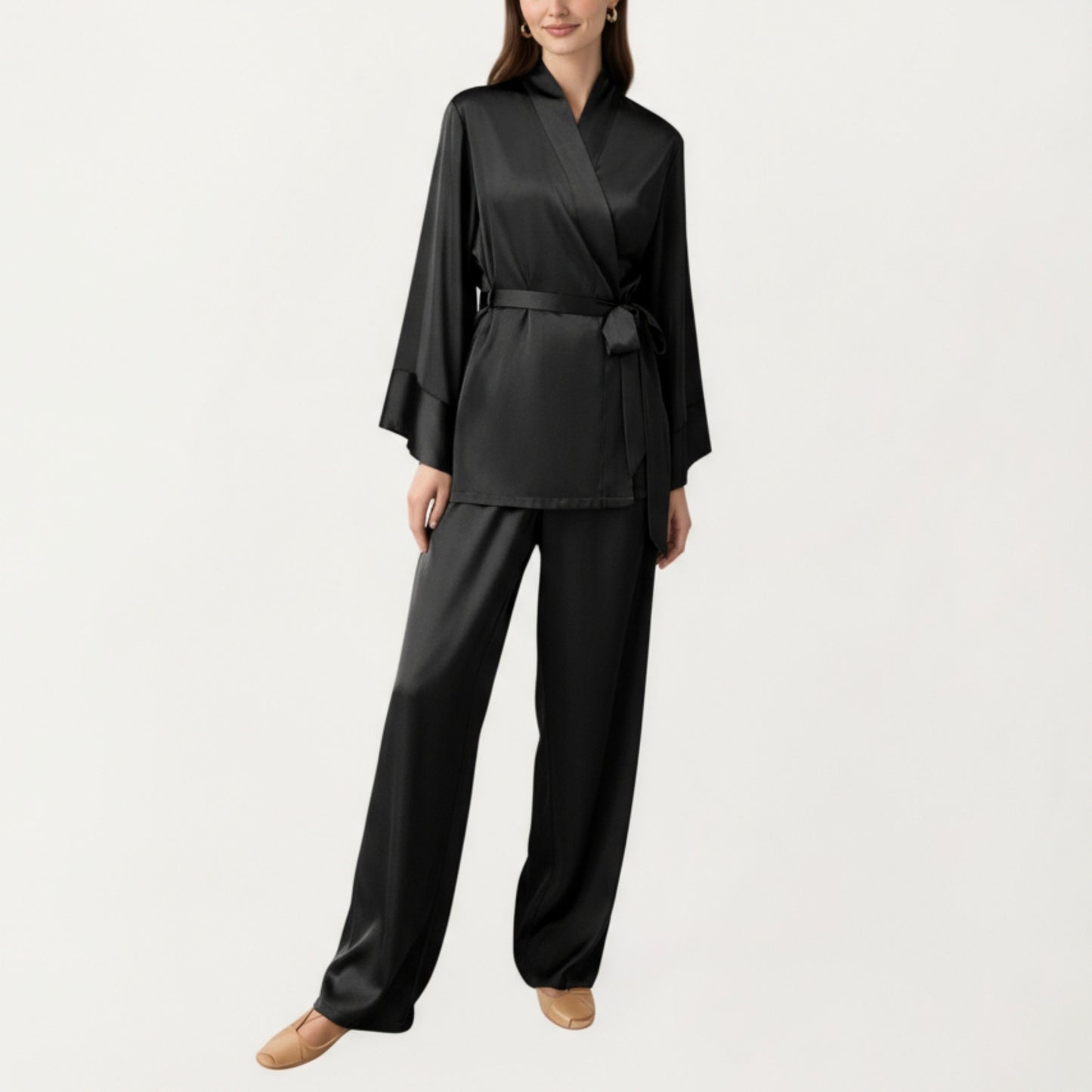 2-Piece Satin Pajama Set with Kimono Sleeve Wrap Top and Wide-Leg Pants