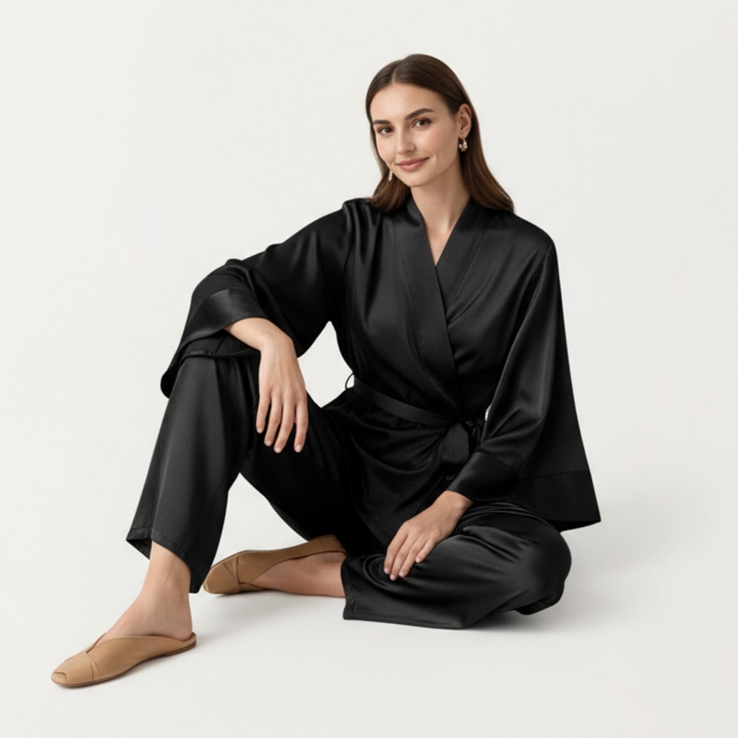 2-Piece Satin Pajama Set with Kimono Sleeve Wrap Top and Wide-Leg Pants