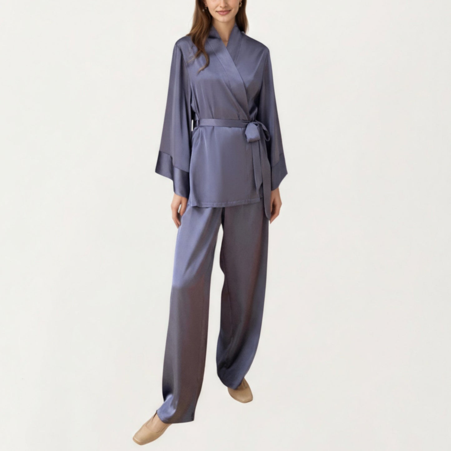2-Piece Satin Pajama Set with Kimono Sleeve Wrap Top and Wide-Leg Pants