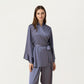 2-Piece Satin Pajama Set with Kimono Sleeve Wrap Top and Wide-Leg Pants
