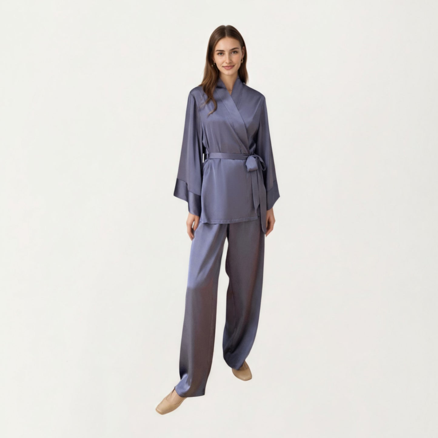 2-Piece Satin Pajama Set with Kimono Sleeve Wrap Top and Wide-Leg Pants