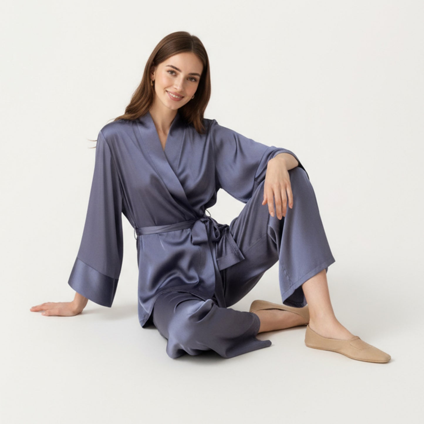 2-Piece Satin Pajama Set with Kimono Sleeve Wrap Top and Wide-Leg Pants