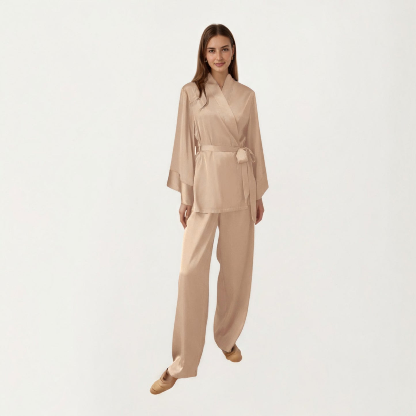 2-Piece Satin Pajama Set with Kimono Sleeve Wrap Top and Wide-Leg Pants