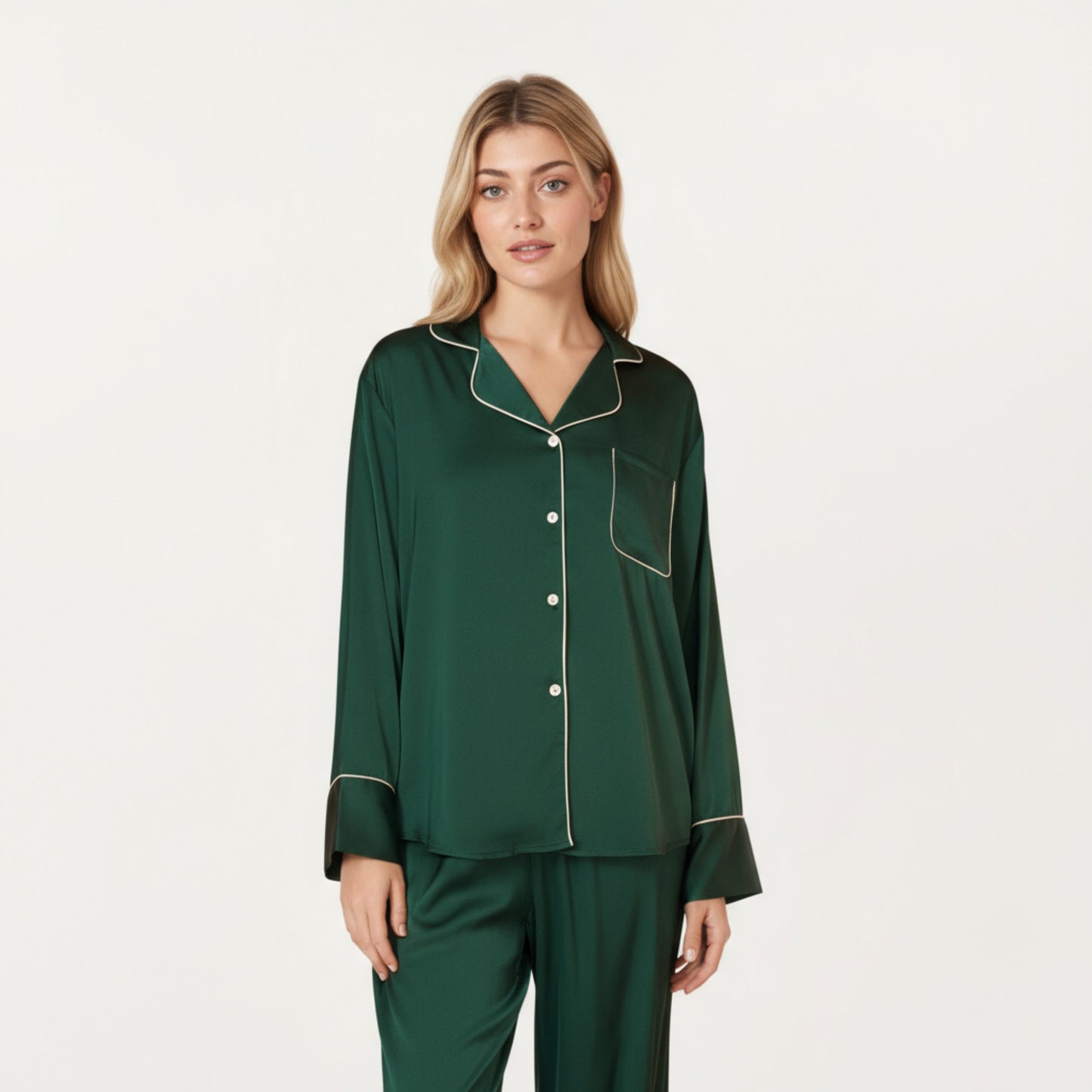 2-Piece Satin Pajama Set with Button-Down Long Sleeve Top and Piped Trim Wide-Leg Pants