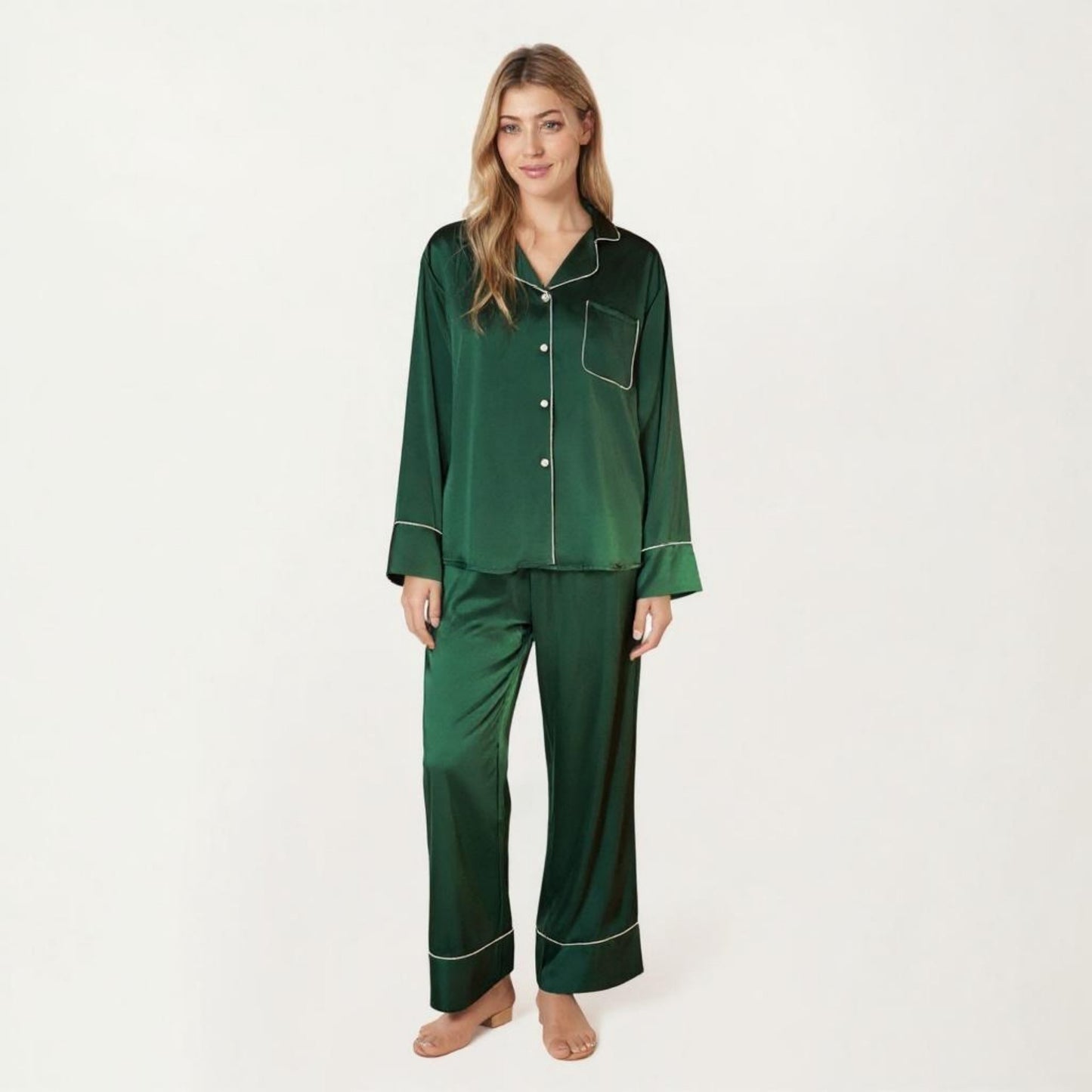 2-Piece Satin Pajama Set with Button-Down Long Sleeve Top and Piped Trim Wide-Leg Pants