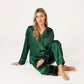 2-Piece Satin Pajama Set with Button-Down Long Sleeve Top and Piped Trim Wide-Leg Pants