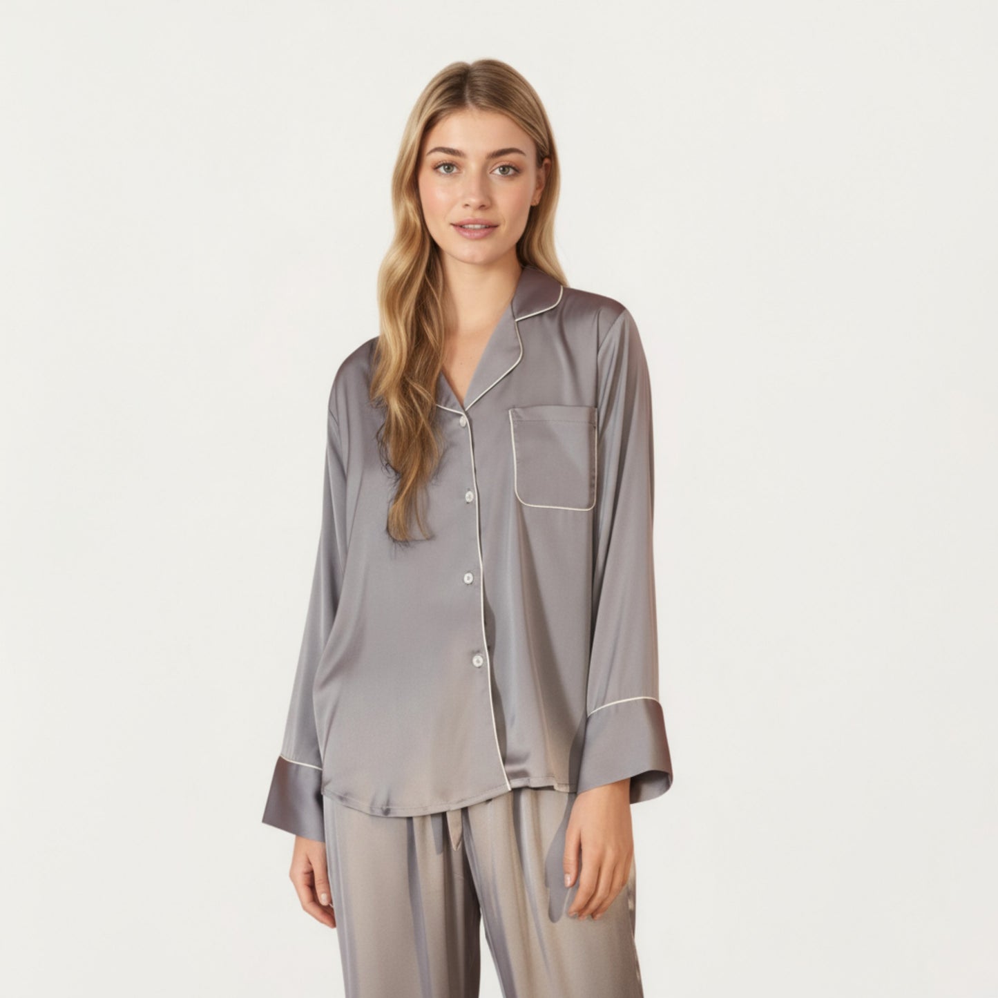 2-Piece Satin Pajama Set with Button-Down Long Sleeve Top and Piped Trim Wide-Leg Pants