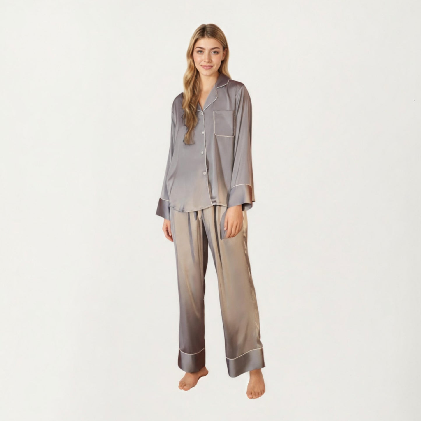 2-Piece Satin Pajama Set with Button-Down Long Sleeve Top and Piped Trim Wide-Leg Pants