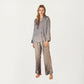 2-Piece Satin Pajama Set with Button-Down Long Sleeve Top and Piped Trim Wide-Leg Pants