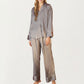 2-Piece Satin Pajama Set with Button-Down Long Sleeve Top and Piped Trim Wide-Leg Pants