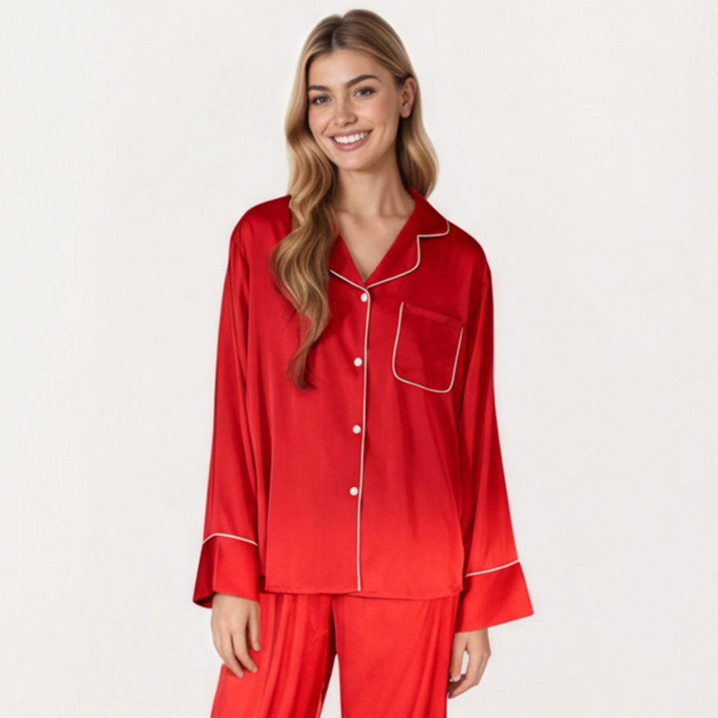 2-Piece Satin Pajama Set with Button-Down Long Sleeve Top and Piped Trim Wide-Leg Pants