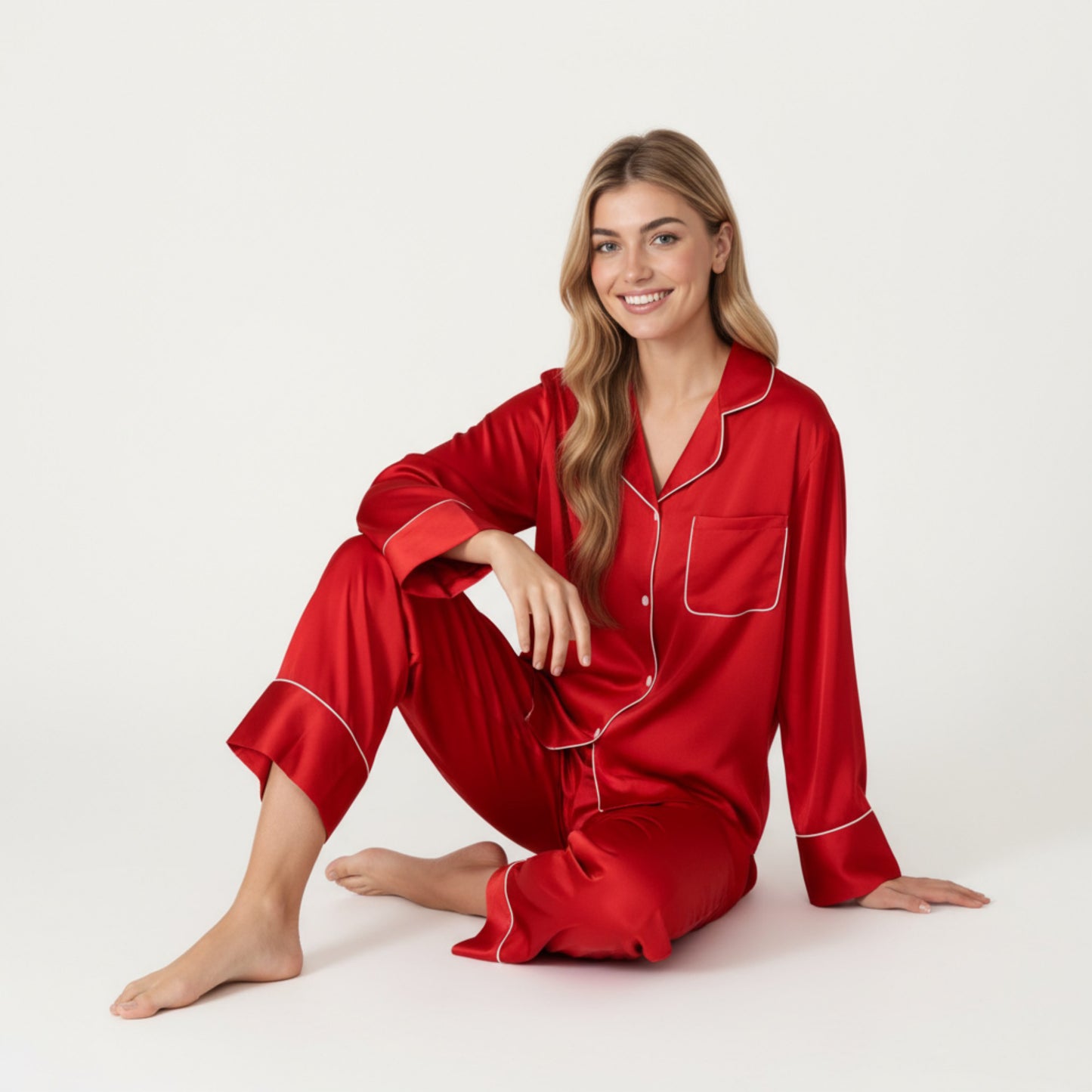 2-Piece Satin Pajama Set with Button-Down Long Sleeve Top and Piped Trim Wide-Leg Pants