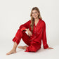 2-Piece Satin Pajama Set with Button-Down Long Sleeve Top and Piped Trim Wide-Leg Pants