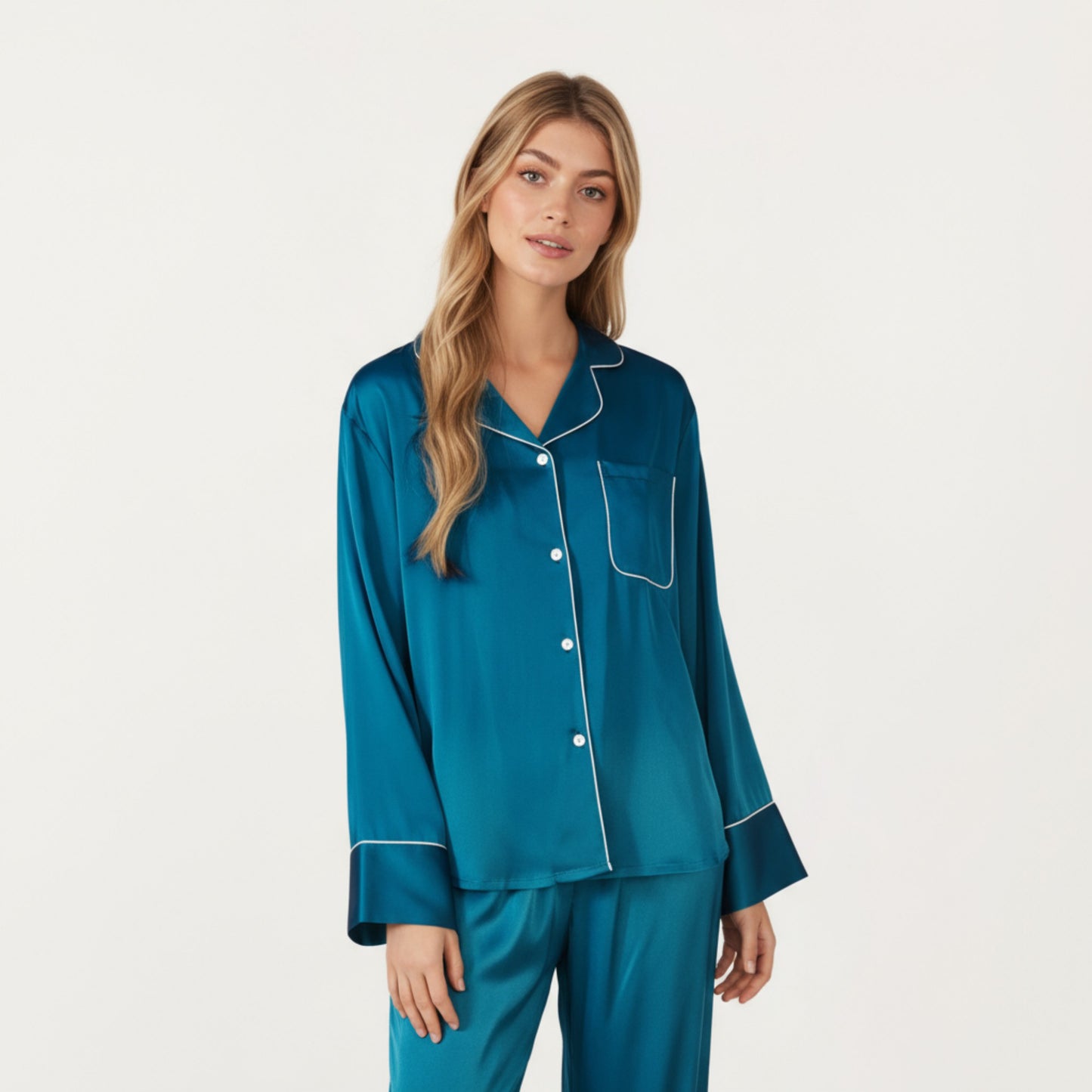 2-Piece Satin Pajama Set with Button-Down Long Sleeve Top and Piped Trim Wide-Leg Pants