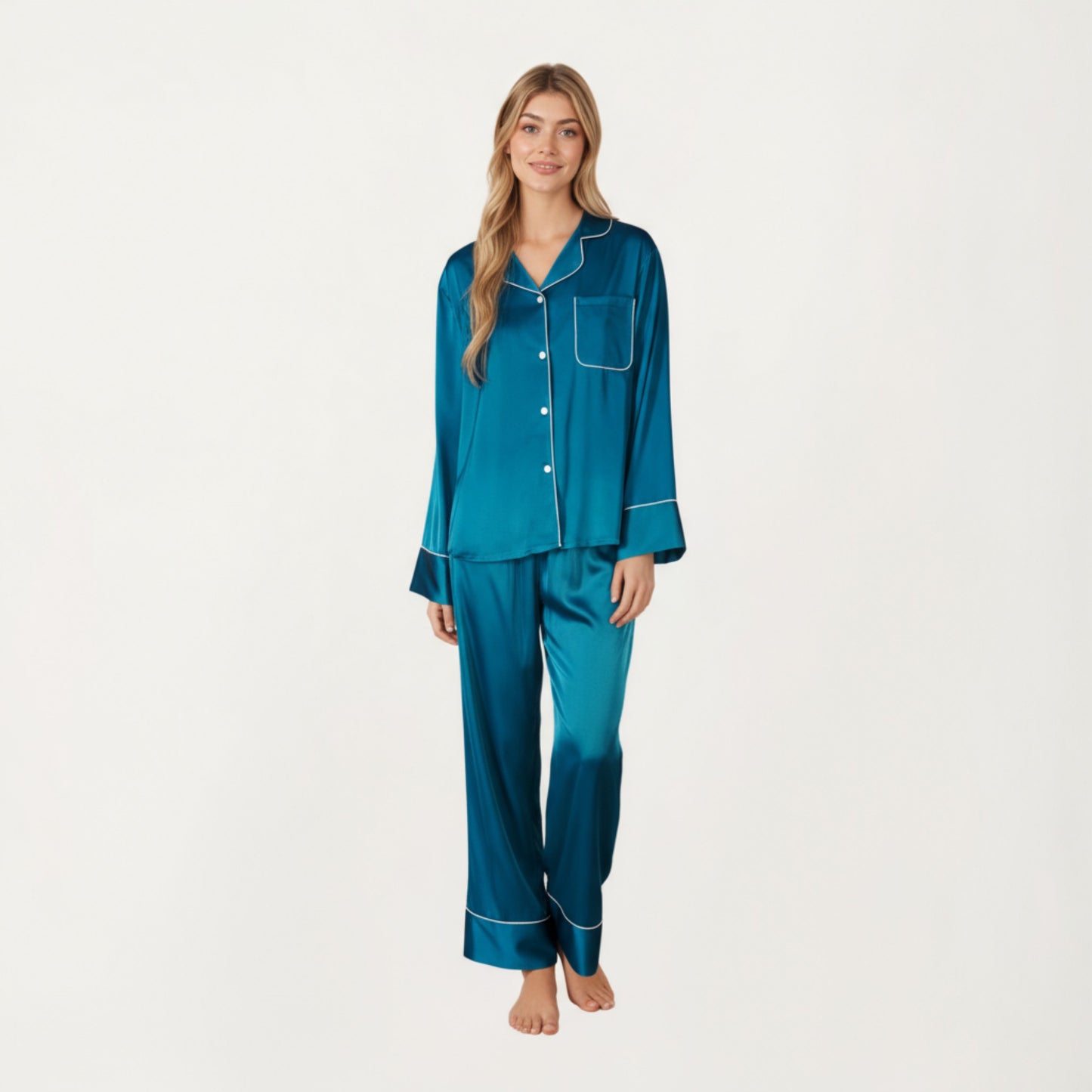 2-Piece Satin Pajama Set with Button-Down Long Sleeve Top and Piped Trim Wide-Leg Pants