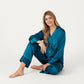 2-Piece Satin Pajama Set with Button-Down Long Sleeve Top and Piped Trim Wide-Leg Pants
