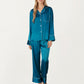 2-Piece Satin Pajama Set with Button-Down Long Sleeve Top and Piped Trim Wide-Leg Pants