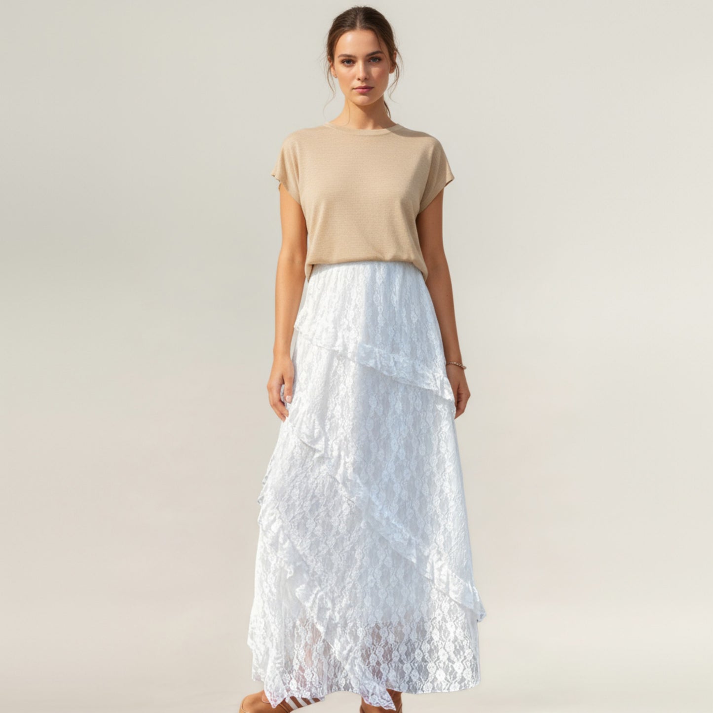 High Waist Lace Maxi Skirt with Layered Ruffle Detail and Flowy A-Line Silhouette
